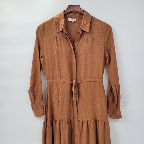 Harper Tiered Shirt Dress Womens XS Brown Embossed Animal Print Button Down Maxi - Picture 7 of 16